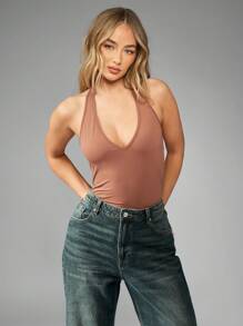 MISSGUIDED Body sin mangas de cuello halter con atadura en la espalda, ajustado, básico para capas, esencial casual de uso diario, escote pronunciado, ajuste ceñido, cierre a presión, para primavera y verano