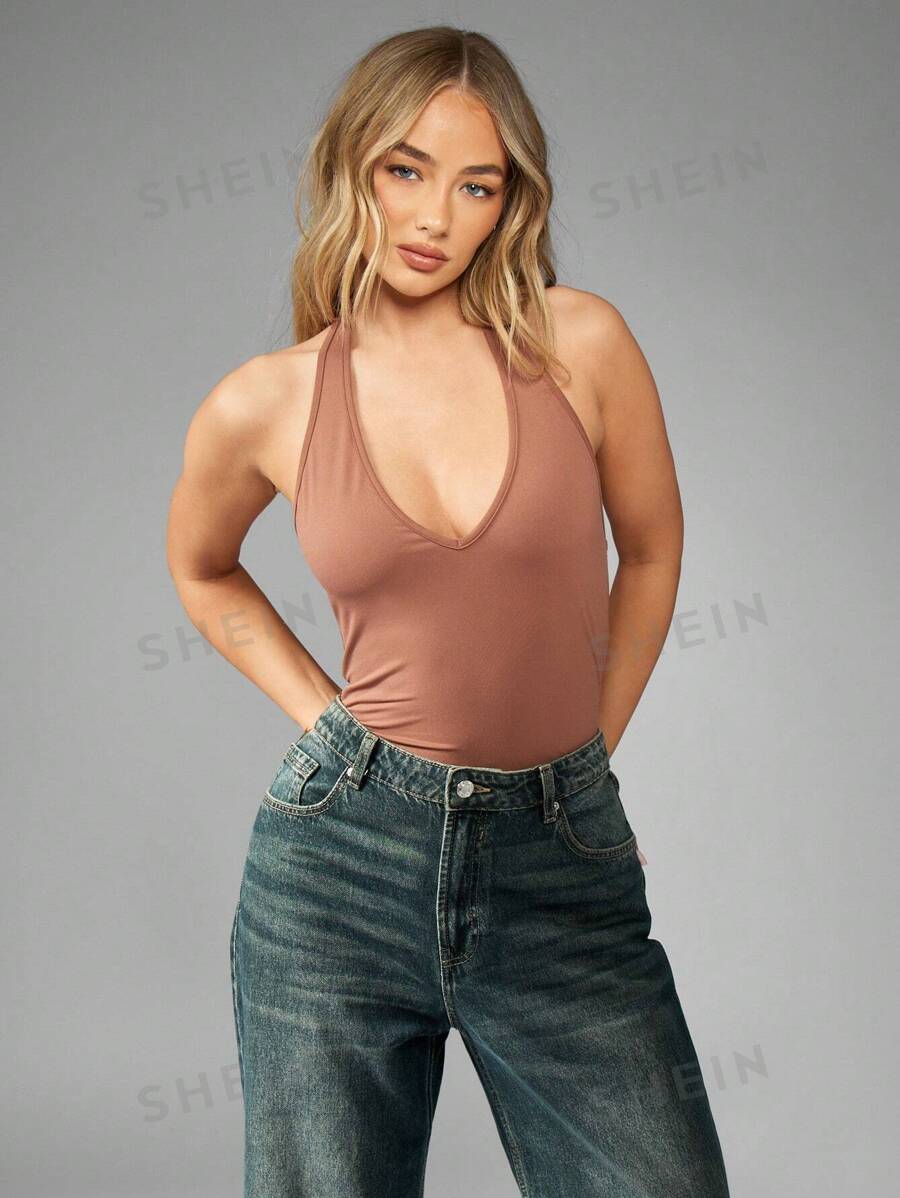 MISSGUIDED Body sin mangas de cuello halter con atadura en la espalda, ajustado, básico para capas, esencial casual de uso diario, escote pronunciado, ajuste ceñido, cierre a presión, para primavera y verano