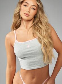 Missguided x Playboy Bộ đồ lót dây và quần lọt khe hở cao bằng vải cotton pha trộn mềm mại, thoải mái khi ngủ, đồ mặc nhà thể thao năng động - Màu Xám nhạt - Xem 5