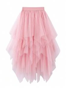 Asymmetrical Mesh A-Line Skirt, Versatile - Pink - View 3