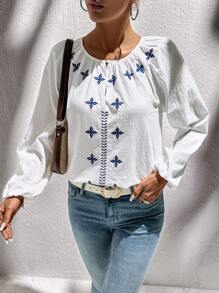 SHEIN LUNE Damen Rundhals geraffter Knopf Halbgeöffneter Laternenkrempel Stickerei Baumwolle Lässig Urlaubs Elegante Bluse