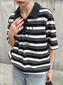 FRIFUL Camiseta holgada de mujer con cuello polo a rayas, manga corta y bloques de color