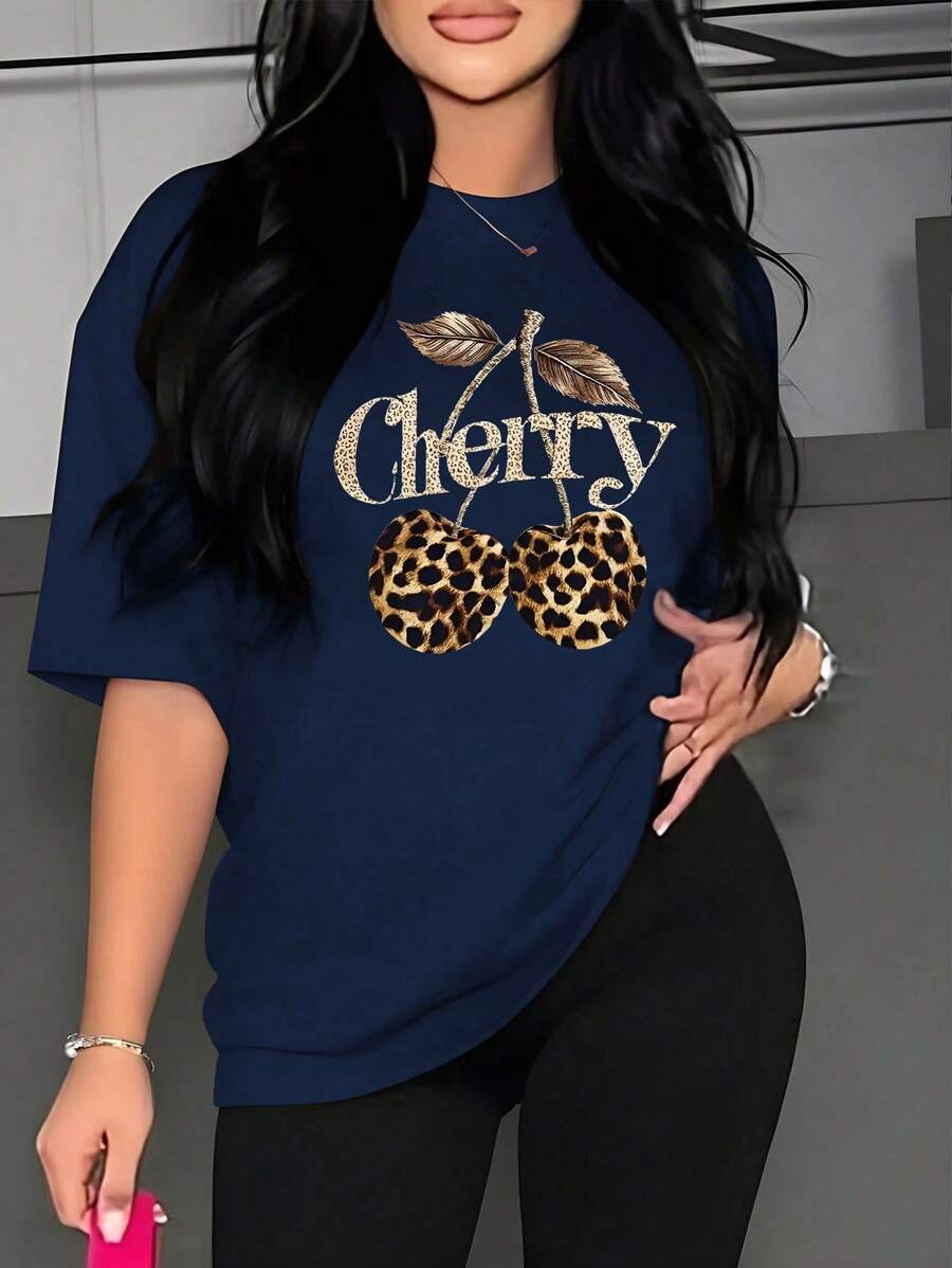 INAWLY 时尚百搭豹纹樱桃印花海军蓝圆领短袖女式上衣 - 藏蓝色 - 查看 1
