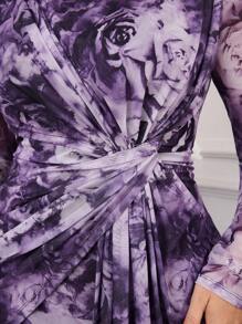 Modelyn 大码优雅花卉印花扭腰连衣裙 - 紫色 - 查看 5