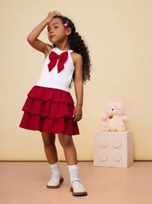 SHEIN CutesyCutie 2pcs Young Girl Plain Knit Sleeveless Top And Mini Skirt Set,Birthday Dresses For Kids,Summer Clothing Sets - Red and White - View 5