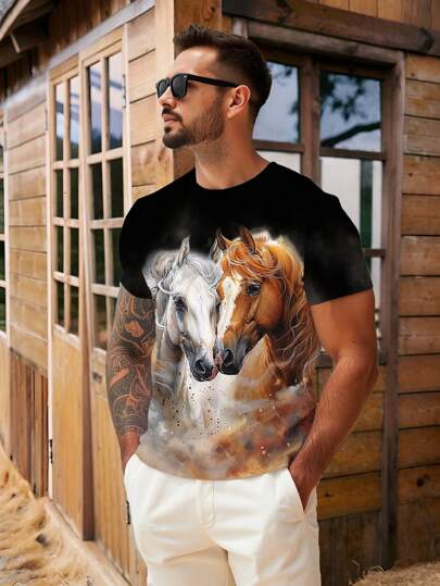 Manfinity Homme Fashionable Casual & Holiday Watercolor Painted Realistic Horse Graphic Printed Regular Fit Men's Short Sleeve T-Shirt, Suitable For Summer Outdoor, Dating, Party, Couples, Family Matching, Great Gift For Boyfriend, Animal T-Shirt For Men, 3d Print T-Shirt
