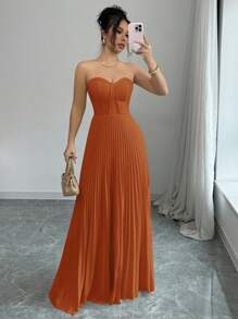 Lyxana Elegant Romantic Ruched Waist A-Line Hem Sleeveless Dress For Women - Burnt Orange - View 3