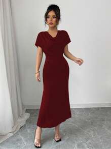 RosyDaze 早春女士优雅浪漫低胸露背系带腰鱼尾连衣裙 - 酒紅色 - 查看 3