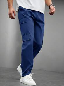 Manfinity Homme Men's Plain Color Minimalist Design Casual Pants, Suitable For Summer - Navy Blue - View 3