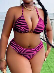 Slaydiva 2pcs 2025 Plus Size Women Summer Beach Striped Halter Tie Sexy Bikini Swimsuit Set - Hot Pink - View 4
