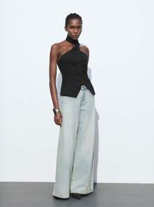 2025 Winter & Summer New Black Asymmetrical Cut Asymmetric Drape Neck Front Open Single-Breasted Women's Vest, Modern Elegant For Party, Urban Commute, Outing, Date, Party, Concert, Stage Performance, Brunch, Airport, Summer Holiday - Black - View 6