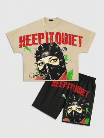 Street Life Conjunto casual de camiseta con estampado gráfico de letras y números y pantalones cortos para hombre