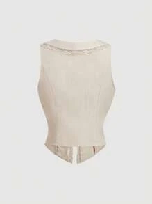 SHEIN MOD Beige Tie-Neck Bowknot-Waist Tank Top,Spring /Summer For Women,Graphic Shorts,Western Wear Women,Boho Women,Brunch For Women,Tea Party,Vacation - Apricot - View 2
