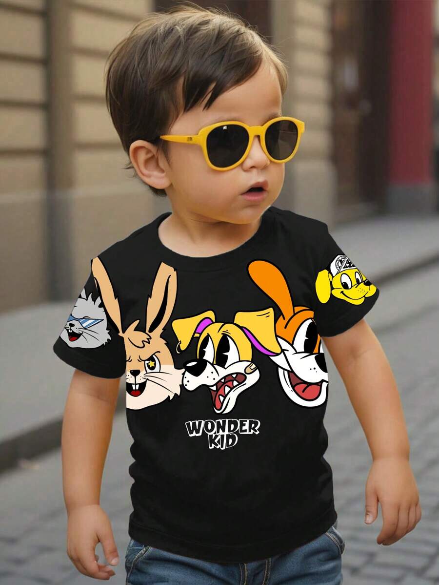 SHEIN Leap Crew Cute Rabbits Baby Boy Casual Minimal Cartoon Animal Pattern Round Neck Short Sleeve Loose T-Shirt, Suitable For Summer - Multicolor - View 1
