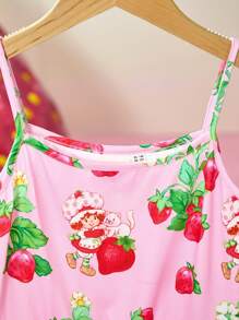 Strawberry Shortcake X SHEIN Tween Girl Sweet Pink Strawberry Print Camisole Ruffle Top & Shorts Summer 2 Pieces Set - Pink - View 4