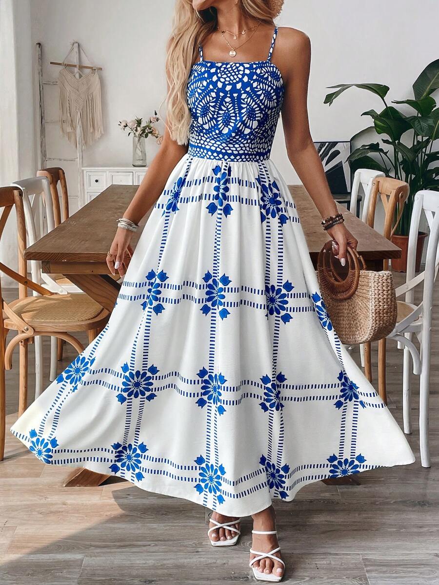 SHEIN Clasi Women's Elegant Vacation Style Blue & White Geometric Print Spaghetti Strap Waist-Cinching Maxi Dress