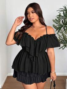 SHEIN Clasi Plus Size Women Solid Color Ruffle Off Shoulder Fashion Blouse - Black - View 5
