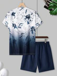 Manfinity RSRT 男士休闲圆领短袖T恤和短裤套装，简约风格适合夏季海滩度假装男士夏季服装男士T恤套装男士度假装 - 彩色 - 查看 2