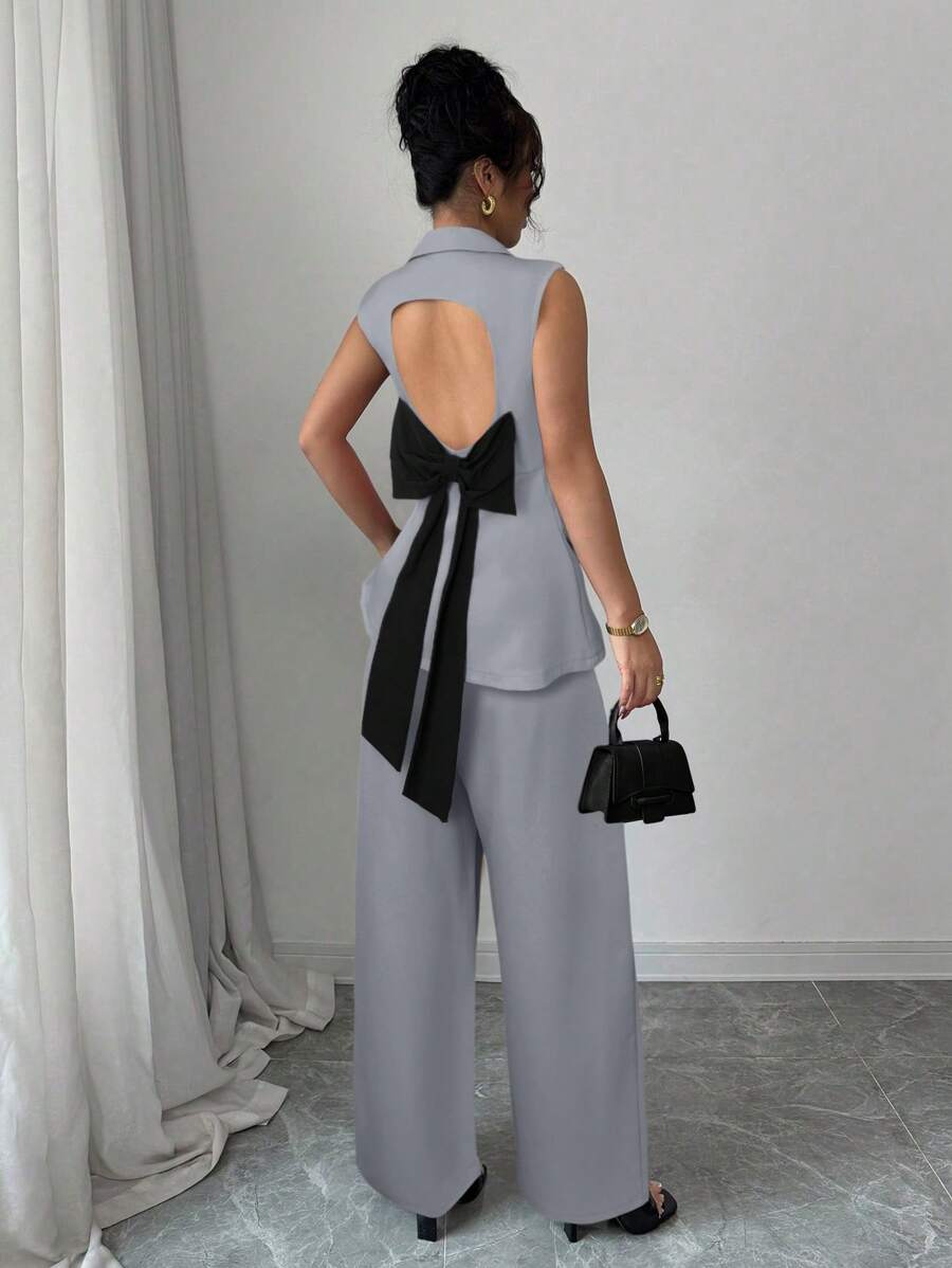 Elenzga Elegant Commuter Ladies Set: Regular Shoulder Waist Cinched Contrast Bow Splice Faux Pocket Back Hollow Wide Leg Pants & Sleeveless Jacket Suit - Grey - View 1