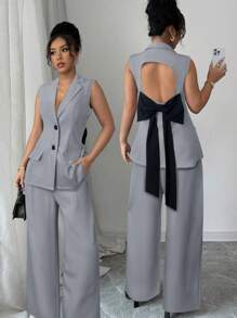 Elenzga Elegant Commuter Ladies Set: Regular Shoulder Waist Cinched Contrast Bow Splice Faux Pocket Back Hollow Wide Leg Pants & Sleeveless Jacket Suit - Grey - View 3