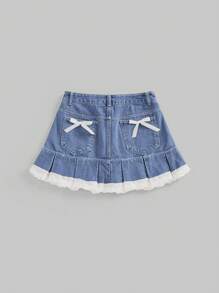 ROMWE Kawaii Kawaii Style Girls Casual Patchwork Lace Bowknot Decor Denim Pleated Skirt