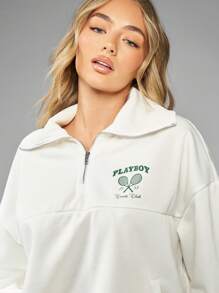 Missguided x Playboy Tennis Club Half-Zip Sweatshirt Retro Sport Casual Athleisure Preppy Stijl Comfortabele Loungewear Lente Herfst Streetwear