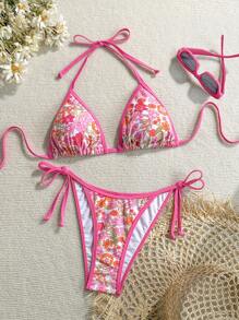 Swim Mod Women Floral Print Swimsuit Set, For Holiday & Beach For Summer Beach Vacation - Multicolor - View 1