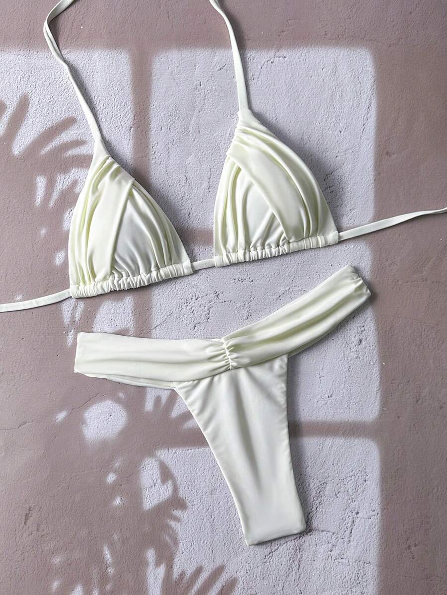 Swim Basics Bộ bikini màu trắng xếp nếp trơn dành cho nữ đi biển cho kỳ nghỉ hè trên bãi biển - Màu be - Xem 1