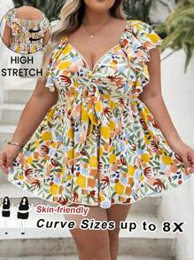 SHEIN CURVE+ 大码女式节日彩色印花面料蝙蝠袖蝴蝶结前 A 字衬衫，休闲浪漫夏日度假衬衫