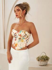 Glamine Sexy Retro Colorblock Floral Print Underwire Cotton Bustier Top For Women - Multicolor - View 4