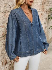EMERY ROSE Chemise en jean à manches longues surdimensionnée à encolure en V casual pour femmes - Bleu azur - Voir 3