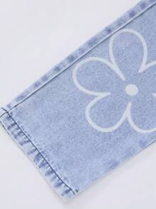 SHEIN ChillGRL Young Girl Floral Print Pocket Wide-Leg Casual Denim Bib Pants,Holiday,Summer,Travel - Baby Blue - View 5