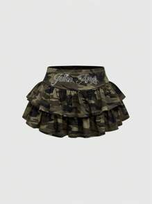 ROMWE Grunge Punk Rhinestone Embellished Camouflage Mini Skirt With Super Low Waist
