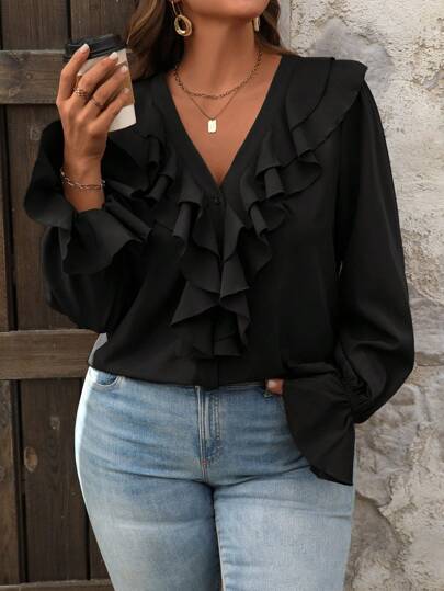 SHEIN VCAY Plus Size Dam Holiday Enfärgad volang fåll Flare Sleeve Blus