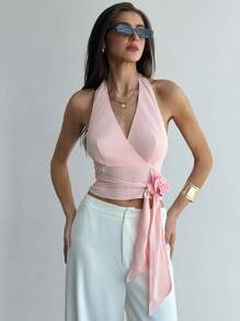 Aloruh Women's Elegant Solid Color 3D Floral Decor Tie-Front Backless Halter Blouse - Pink - View 3