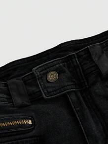 ROMWE Grunge Punk Spring/Summer Carnival Party Casual Black Y2K Kpop Harajuku Gyaru Style Patchwork Furry Super Low Rise Super Low Waist Mini Denim Shorts - Black - View 3