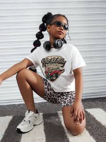 2pcs/Set Tween Girls Casual Fashion Leopard Print Motorcycle Long Sleeve T-Shirt & Pants Set