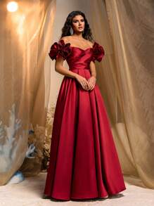 Glamrae Elegante vestido de gala de color vino tinto con mangas con volantes y escote fuera de los hombros realzado con lentejuelas, silueta de línea A con bajo de cola de pez, espalda descubierta y cierre ajustable, vestido formal perfecto para fiestas, bodas y eventos de noche - Burdeos - Ver 4