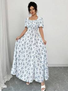 Elenzga Spring/Summer Elegant Vacation Casual Puff Sleeve Square Neck Waisted Slim Long Dress For Women