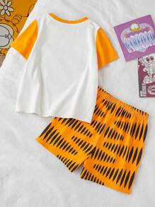 GARFIELD X SHEIN Young Boy 2pcs/Set Cute Cartoon Print T-Shirt And Allover Print Shorts Pajama Set, Suitable For Spring And Summer