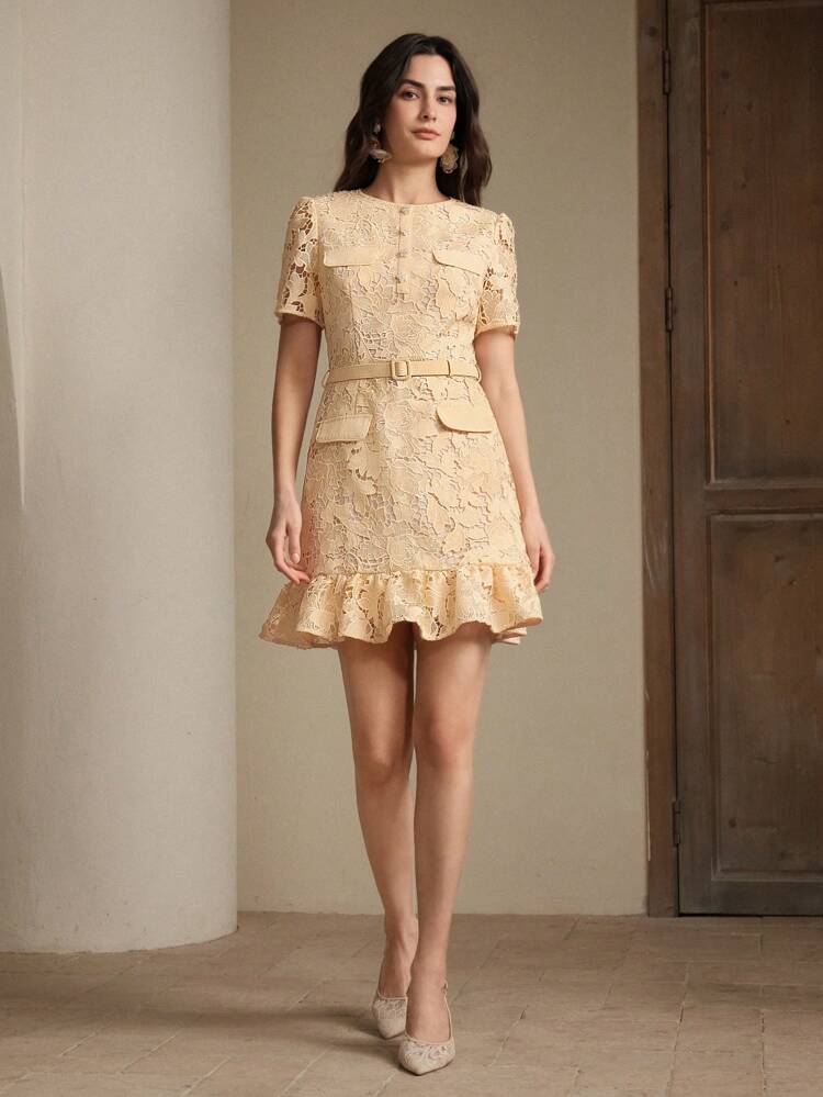 Festival, Holiday Elegant French Lace Embroidered Hollow Out Ruffle Trim Rhinestone Belt Slim Fit Cocktail Dress, Spring & Summer Outfits For Women