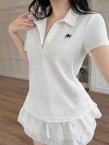 INAWLY 女士刺绣骑士图案短袖休闲/工作 Polo 衫 - 白色 - 查看 5