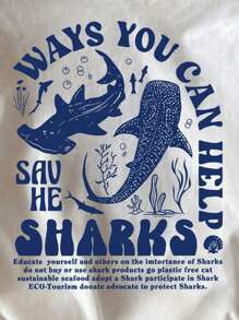 Flirla 大码女式标语鲨鱼印花圆领短袖休闲 T 恤 - 白色 - 查看 4