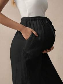SHEIN Maternity Adjustable Waistband Loose Wide Leg Pants, Solid Color - Black - View 3