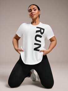 Easithlete Plus Size Letter Print Short Sleeve Sport T-Shirt - White - View 4