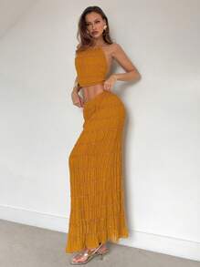 Roylia 2pcs/Set Women's Vacation Beachwear Backless Halter Ruched Waist Top & Skirt Set - Yellow - View 1