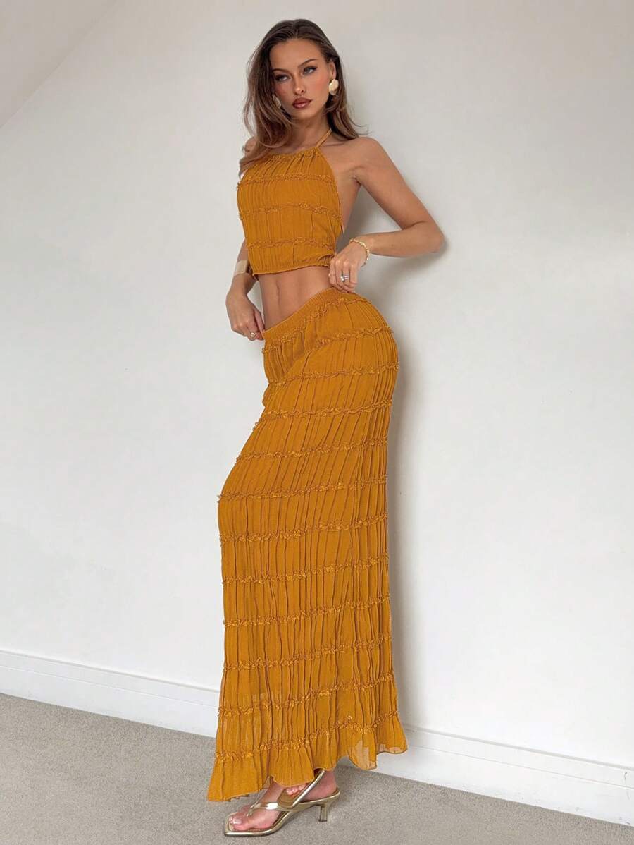 Roylia 2pcs/Set Women's Vacation Beachwear Backless Halter Ruched Waist Top & Skirt Set - Yellow - View 1