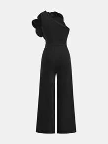 SHEIN Váy đơn giản, thanh lịch, không đối xứng, bó sát vai cho bé gái tuổi teen, có họa tiết hoa 3D cỡ lớn, thích hợp cho tiệc tùng, đám cưới và các dịp khác - màu đen - Xem 2