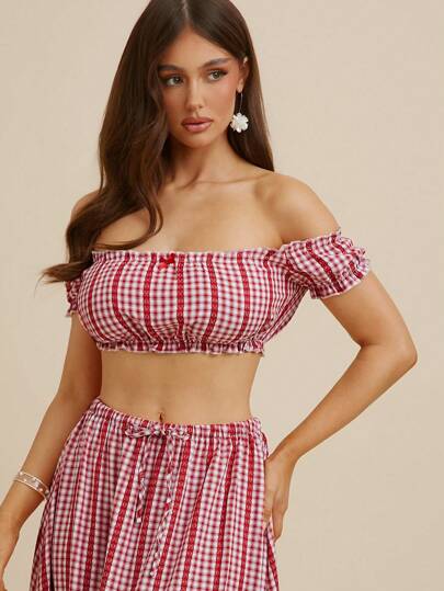 L'Amorae Top bandeau de manga corta con hombros descubiertos, de estilo casual y sexy a cuadros rojos gingham, para uso diario de la mujer