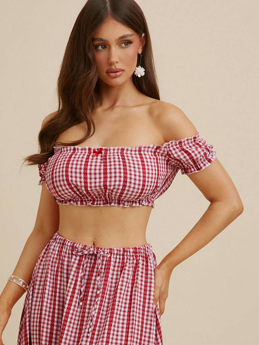 L'Amorae Áo thun hở vai tay ngắn màu đỏ gingham ngắn gợi cảm giản dị dành cho nữ, mặc hàng ngày - Đỏ - Xem 1